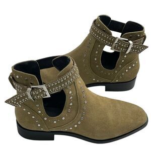 ZARA Greenish Tan Suede Studded Ankle Boots with Buckles Cutouts EU 38 Shoes